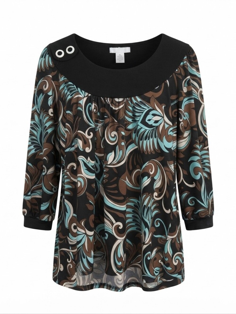 Dressbarn Women's Black Paisley Floral Long Sleeve Top Size L Scoop Neck